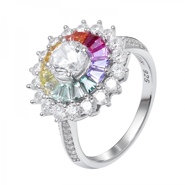 safira cônica colorida simulada ródio sobre 925 arco-íris de prata esterlina anel 