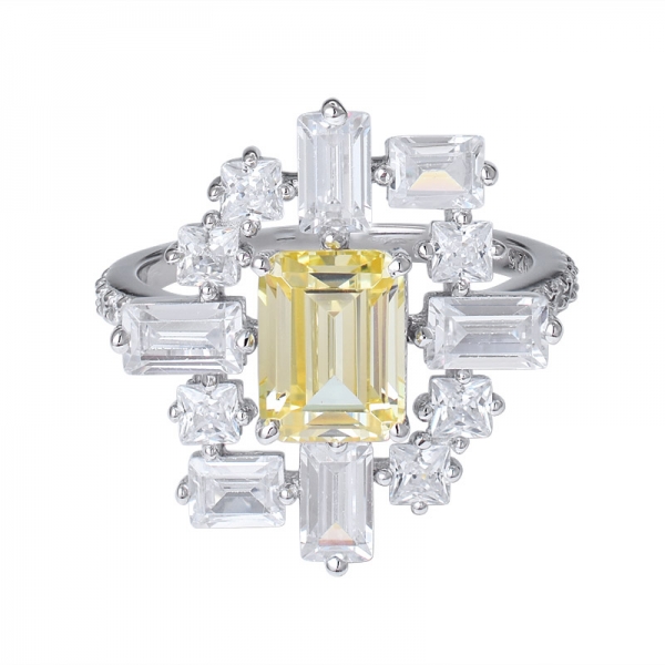1 quilate criado diamante amarelo esmeralda cortado em ródio sobre anel de banda de declaração de prata esterlina 