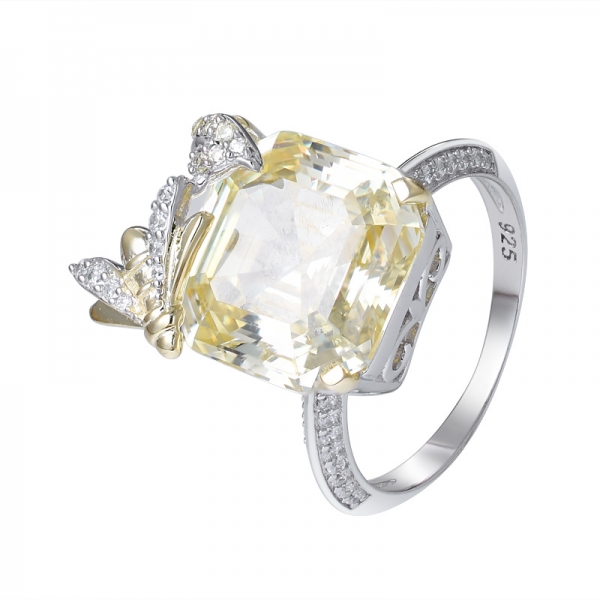 Laboratório criado diamante amarelo Asscher Corte 2 tons sobre o anel de noivado de prata esterlina 