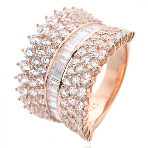 Baguette Corte branco zircônia cúbica rosa ouro sobre esterlina anel de noivado de prata 