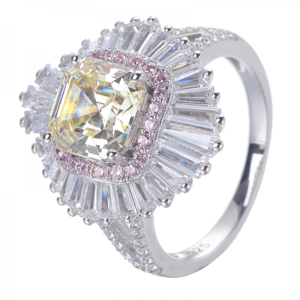 Simulado Diamante Amarelo Asscher Corte o ródio sobre o anel de casamento de prata esterlina 