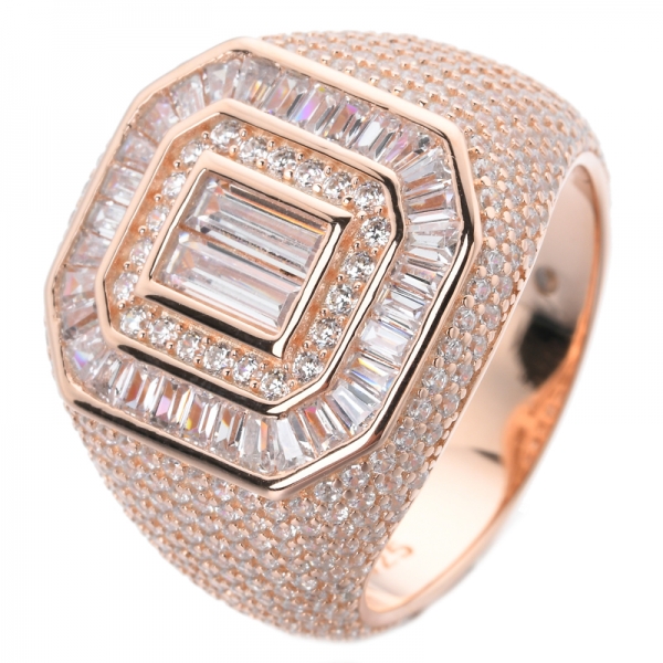 Corte trapezoide branco zircônia cúbica rosa ouro sobre esterlina anel de noivado de prata 