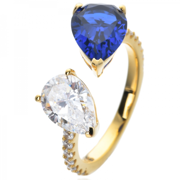 azul Sapphire & White Pêra cúbica de zircônia cortar ouro amarelo sobre o anel de noivado de safira de prata esterlina 