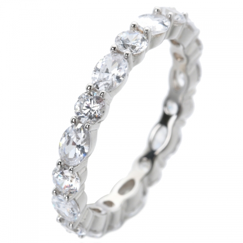  Oval & Round Ródio cúbico branco sobre a jóia de prata esterlina anel da eternidade