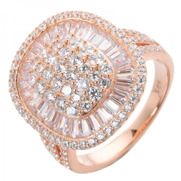 Trapézio de ouro rosa 18K e anel cz de diamante redondo 