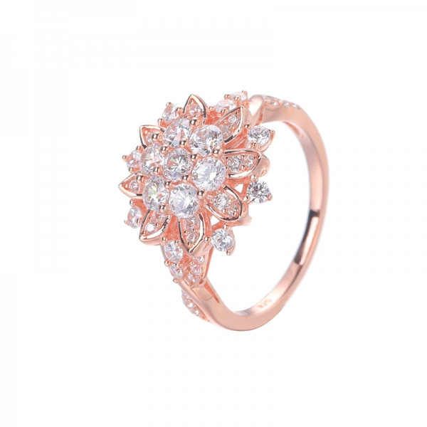 CZ simulado diamante rosa banhado a ouro anel de noivado de flor de rosa para mulheres 