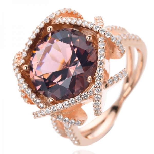 Gema redonda de Morganita 10 MM em tom rosa anel de noivado com haste dividida 