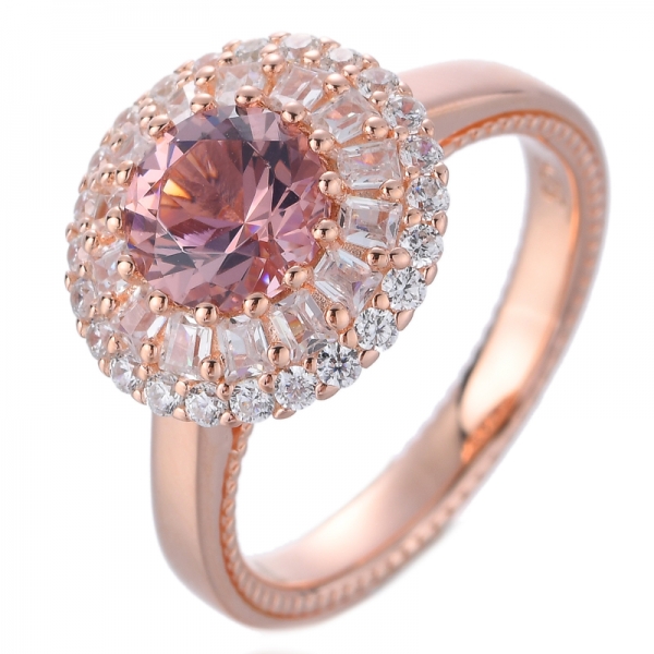 7mm corte redondo 1.2ctw criado morganita rosa sólido ouro rosa anel de noivado halo floral 