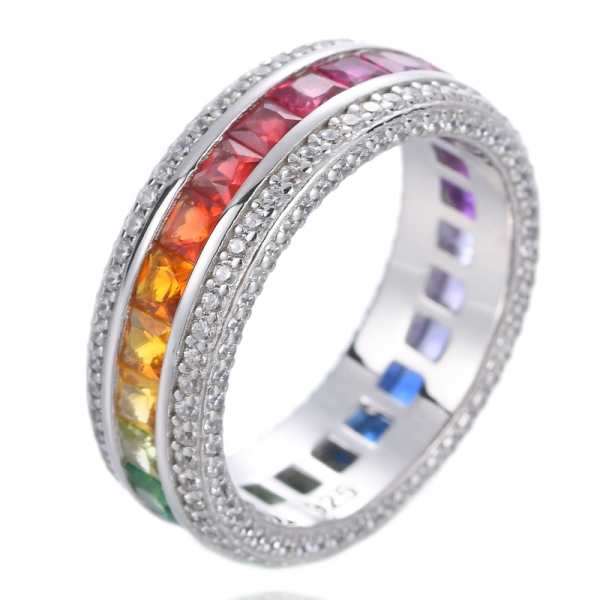 anel de noivado de zircão quadrado arco-íris anel de banda de eternidade empilhável colorido 