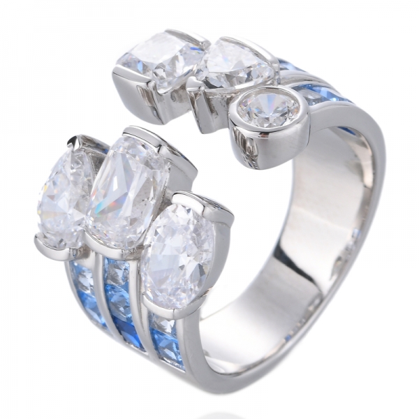 anel de safiras azul sintético quadrado art déco prata esterlina
 