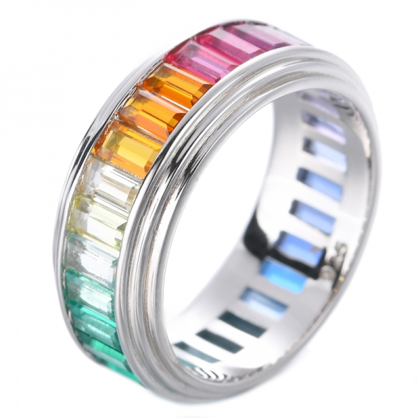 Conjunto de canais de pedra preciosa de safira simulado multicolorido baguete CZ anel de eternidade aliança de casamento
 