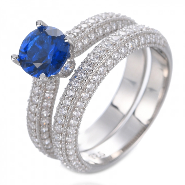 anel de prata esterlina 925 de safira simulada azul redondo
 