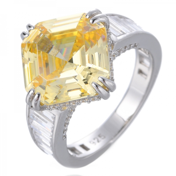Anel de noivado de ouro branco sólido com lapidação de diamante amarelo com certificação Asscher
 