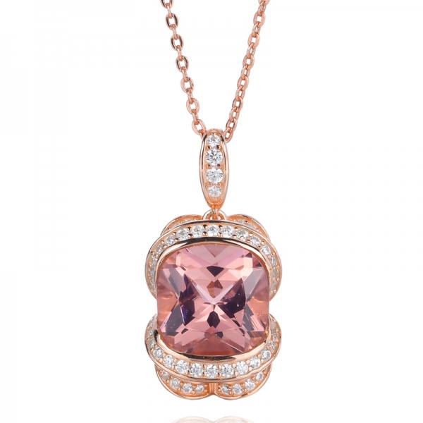 Criado 10,0 mm almofada de pedra preciosa Morganita rosa e pingente feminino de diamante redondo
 