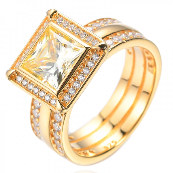 Anel de prata banhado a ouro 925 princesa diamante amarelo cúbico zorcon
 