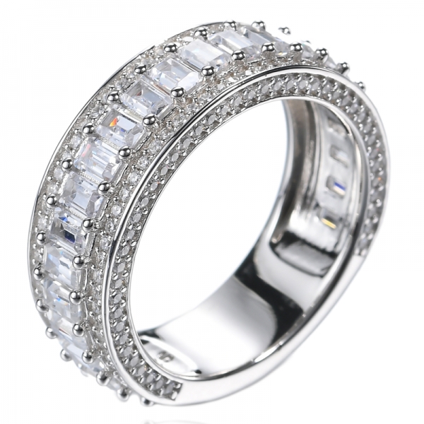 Anel de casamento baguete e formato redondo em prata esterlina com diamante
 