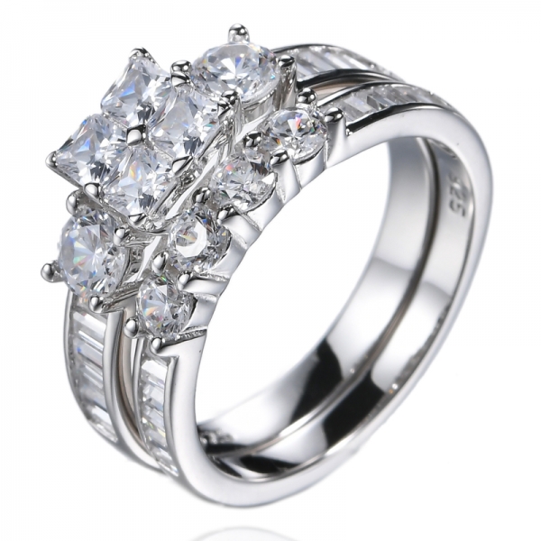 Conjunto de anel de noivado de casamento de prata esterlina corte princesa zircônia cúbica CZ
 