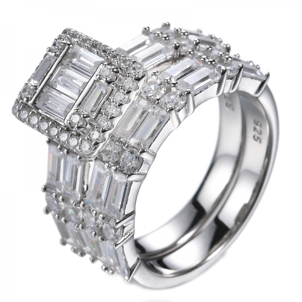Conjunto de anéis de noiva platina sobre prata esterlina feminino corte baguete zircônia cúbica
 