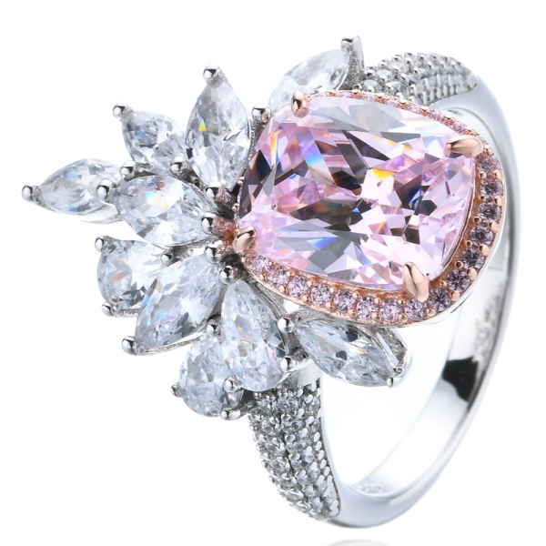Almofada diamante rosa cúbico zircônia centro dois tons anel de prata chapeado
 