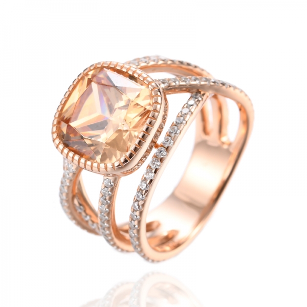 925 almofada champanhe zircônia cúbica anel de prata banhado a ouro rosa 18k
 