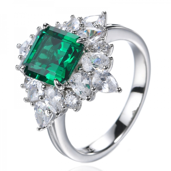 Anel de noivado de prata esterlina 925 verde simulado esmeralda corte Asscher
 