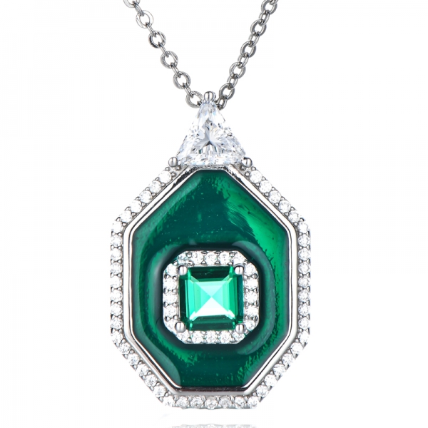 Colar com pingente de esmalte fashion prata esterlina 925 personalizado CZ verde esmeralda
 