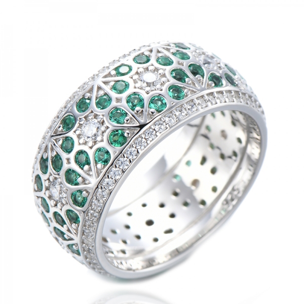 Joias de prata esterlina 925 redondas verdes esmeraldas simuladas anel da eternidade
 