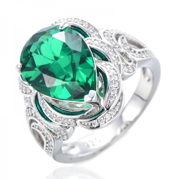Anel feminino prata esterlina 925 verde nano esmeralda (pêra 10 x 14 mm) 
