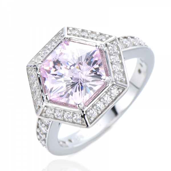 Anéis de halo de zircônia cúbica prata esterlina 925 rosa claro diamante corte hexágono 