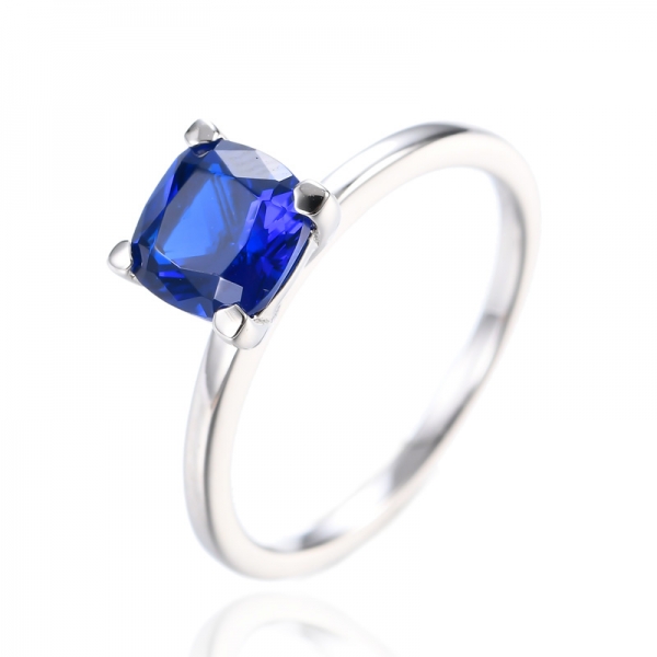 Anel de noivado prata esterlina 925 azul safira simulada em forma de almofada 