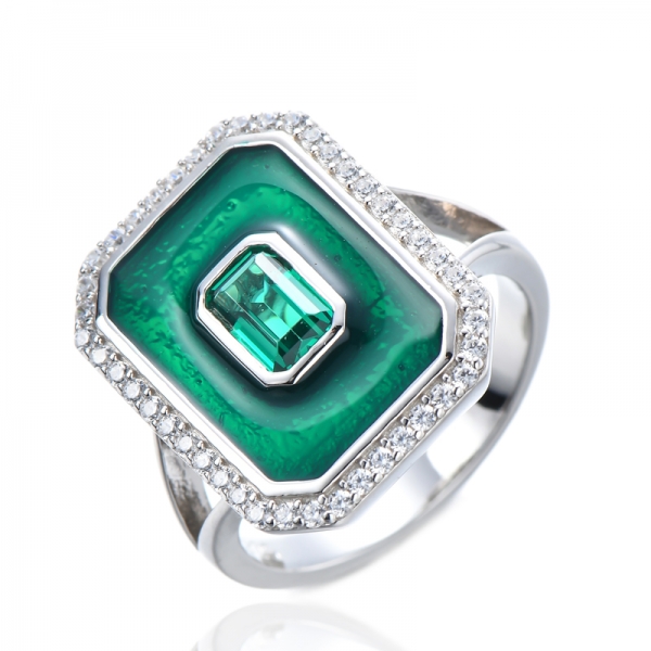Anel de noivado feminino com diamante cúbico branco e esmeralda criado esmaltado verde 