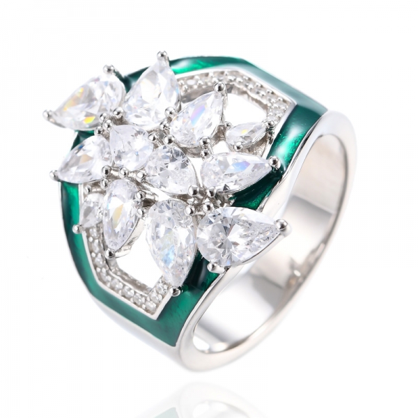 Atacado anel de flores de prata esterlina 925 verde esmaltado para mulheres 