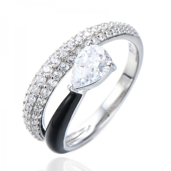 Anéis de noivado prata esterlina pêra diamante CZ esmalte preto 