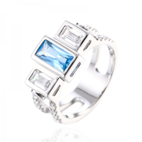 Anel de diamante com zircônia cúbica simulada em prata esterlina 925 azul safira 