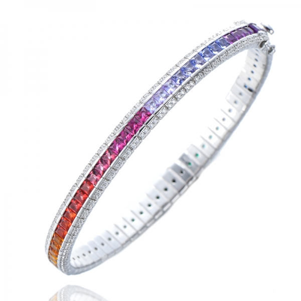 Pulseira arco-íris de prata esterlina com corte quadrado de pedras preciosas multicoloridas
         