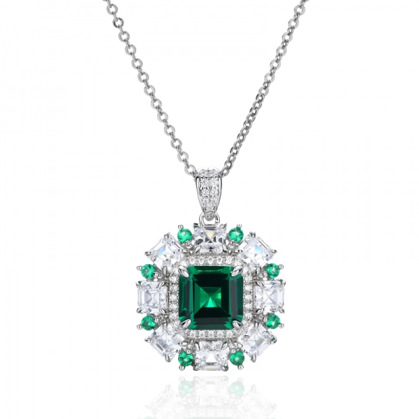 Pingente Asscher Verde Nano e Branco Cubic Zircon Ródio Prata 