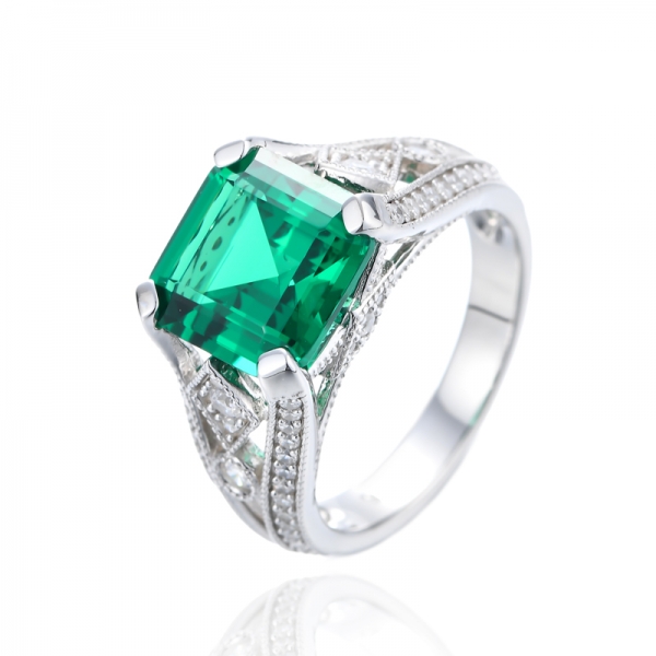 Anel de prata Asscher verde Nano e redondo branco com zircônia cúbica em ródio 