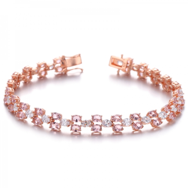 Pulseira de prata de zircônia cúbica nano e branca de morganite de formato oval com chapeamento de ouro rosa 