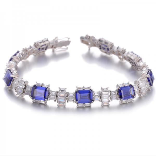 Emerald Shape Tanzanite And Baguette White Cubic Zirconia Rhodium Plating Silver Bracelet 