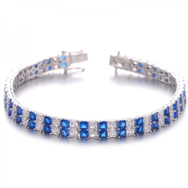 Pulseira de prata com banho de ródio de zircônia cúbica azul octagon azul e branca 