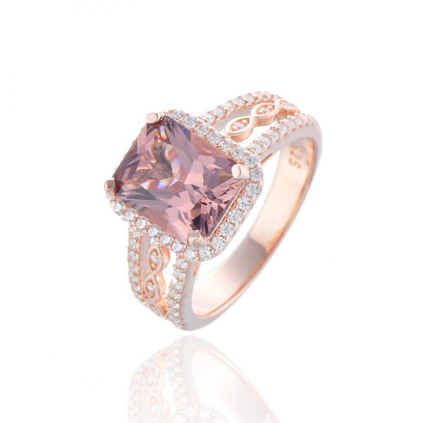 Octagon Morganite Nano e anel de prata de zircão cúbico branco com chapeamento de ouro rosa 