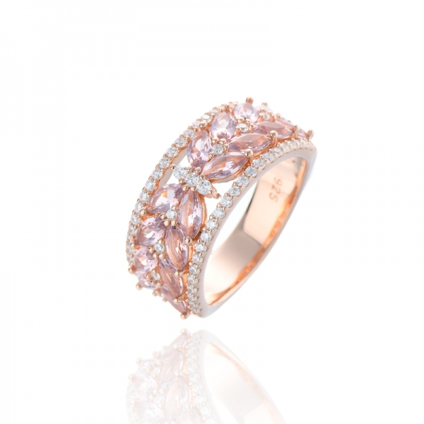 Marquise Morganite Nano e anel de prata de zircão cúbico branco redondo com chapeamento de ouro rosa 