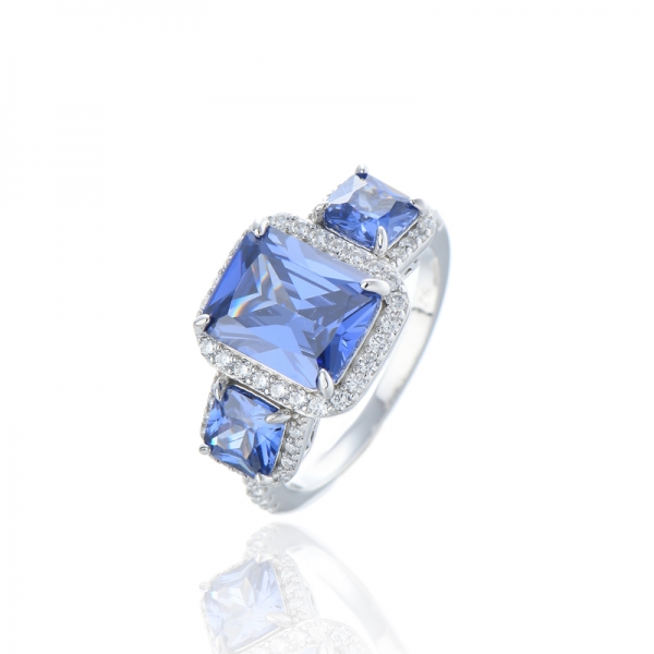 925 Octagon Tanzanite And Round White Cubic Zircon Rhodium Silver Ring 