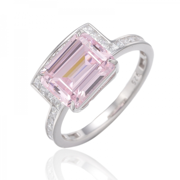 Anel de prata esmeralda diamante rosa e quadrado branco zircão cúbico ródio 