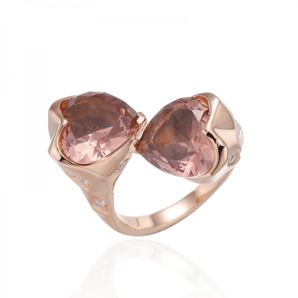 Heart Shape Morganite Nano And Round White Cubic Zircon Rhodium Silver Ring 