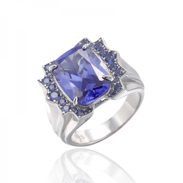 Cushion And Round Tanzanite Cubic Zircon Rhodium Silver Ring 