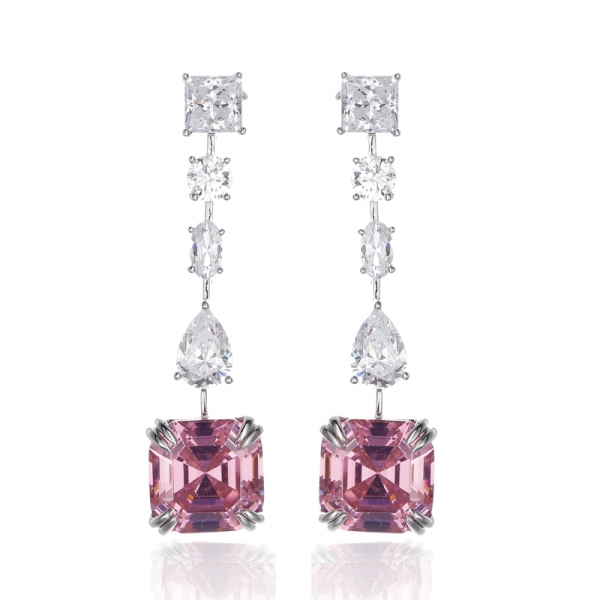 Brinco Asscher Diamante Rosa e Branco Cubic Zircon Prata Ródio 