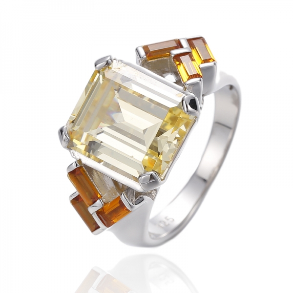 Zircão cúbico amarelo esmeralda do diamante da forma e anel de prata Nano dourado do ródio 