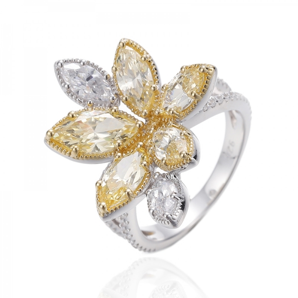 Anel de prata ródio com zircão cúbico amarelo e branco diamante 925 Marquise 