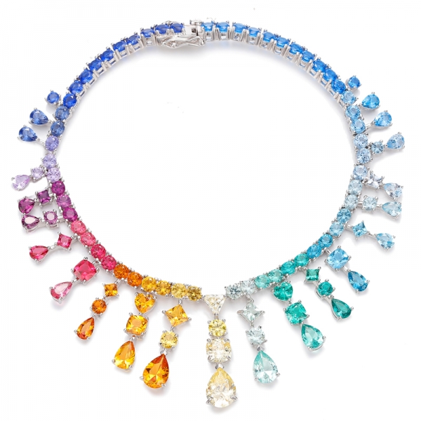 925 Pear Shape Rainbow Color Cubic Zircon Rhodium Silver Bracelet 